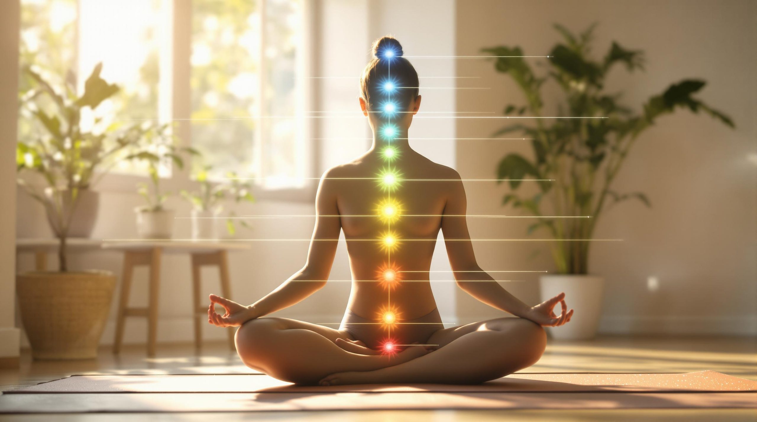 Femme méditant avec chakras alignés