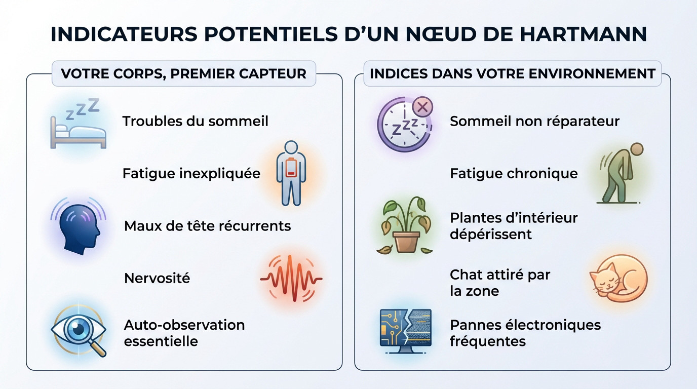 Illustration des symptômes physiques et signes environnementaux indiquant la présence d'un nœud de Hartmann